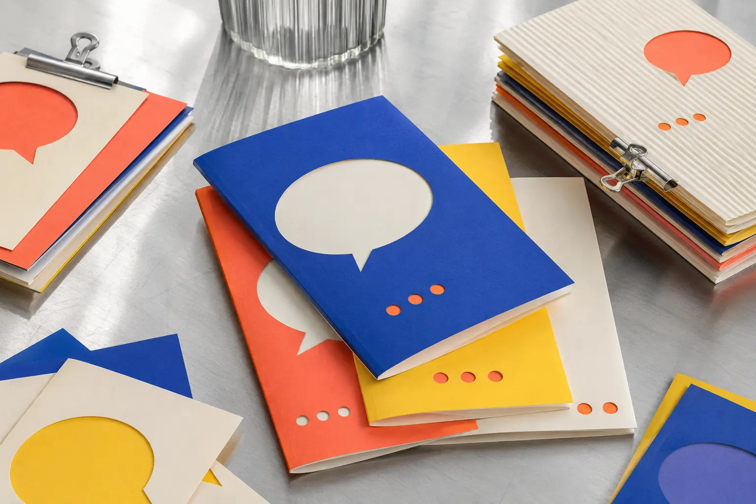 A set of blank vivid editorial zines arranged as a changing culture series